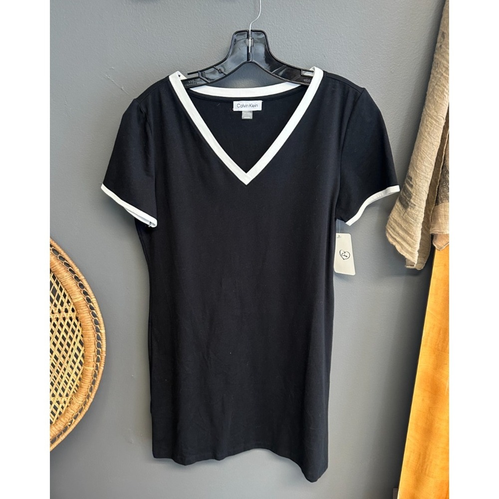 Calvin Klein Womens Size M Dress T-Shirt Short Sleeve V-Neck Black White Casual
